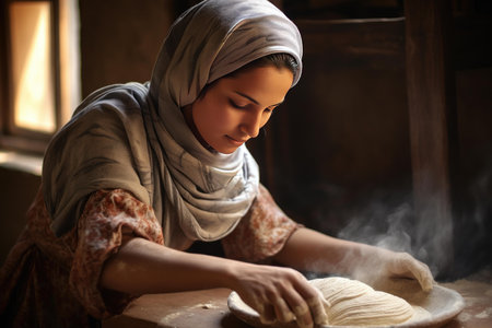 Woman in a headscarf kneads dough in a rustic kitchen, bathed in natural sunlightの素材