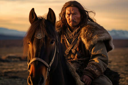 Portrait of a rugged nomadic man with his horse against a twilight backdropの素材