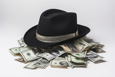 Stylish black fedora hat rests atop a heap of American currency, signifying wealthの素材