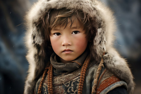 Portrait of a young child dressed in fur-lined winter attire with a cultural necklaceの素材