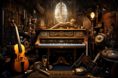 Richly detailed music room with a grand piano and violin, bathed in warm, natural lightの素材