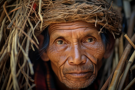 Close-up portrait of an elderly man with intense gaze, adorned with a natural twig crownの素材