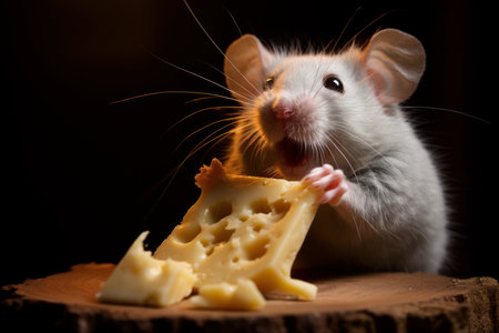 Cute white mouse nibbles on a piece of Swiss cheese, with a warm, dark backdropの素材
