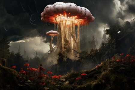 Mystical scene with glowing mushrooms and floating jellyfish in a dark, enchanting forestの素材