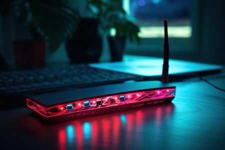Close-up of a lit-up ethernet router with cables on a dark, moody desk workspaceの素材