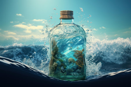 Conceptual image of a bottle with a tiny ocean ecosystem floating amidst the wavesの素材