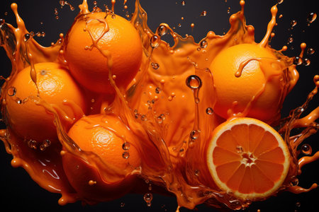 Vibrant oranges amidst a dynamic splash of juice against a dark backdropの素材