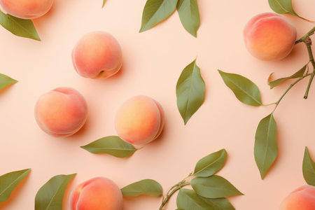 Top view of ripe peaches with vibrant green leaves on a soft pastel backgroundの素材