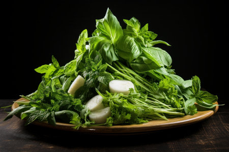Bountiful assortment of green herbs and cloves of garlic arranged on a rustic wooden plateの素材