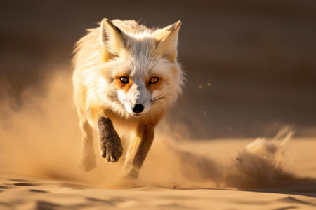 Captivating close-up of a swift fox sprinting energetically in the desert with a blurred backgroundの素材