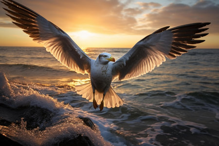 Stunning capture of a seagull in flight against a vibrant sunset over the ocean wavesの素材
