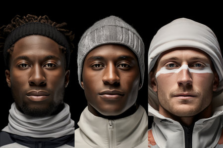 Three men with athletic builds pose in winter athletic wear against a dark backgroundの素材