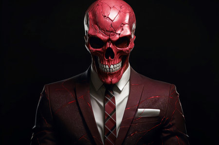A conceptual image of a skull-headed figure in a suit, symbolizing corporate ruthlessnessの素材