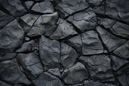 Rough, dark, textured rock surface with geological formations, close-up details, and earthy, solid mineralogy as a natural background for construction and design purposesの素材