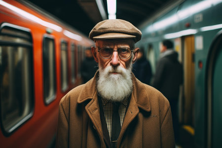 Dignified senior man in a flat cap and glasses stands before a subway trainの素材