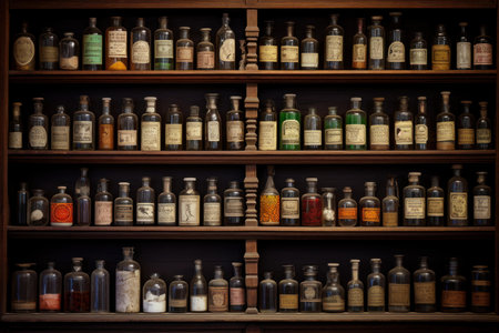 Collection of antique medicine bottles displayed neatly on dark wood shelvingの素材