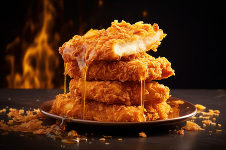 Tempting pile of crispy fried chicken drizzled with golden honey, set against a fiery backdropの素材