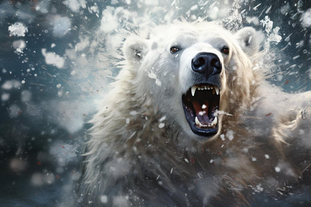 Dramatic image of a polar bear roaring with water splashing around its fierce expressionの素材