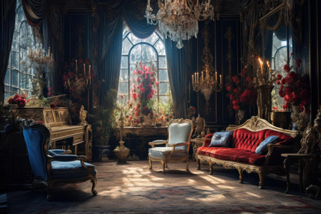 Elegant old-fashioned room with ornate furniture and a grand crystal chandelierの素材