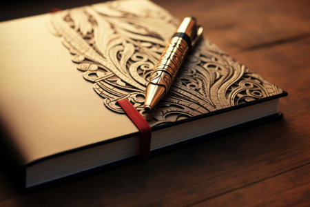 Luxurious pen rests on an open notebook featuring elaborate patterns, capturing the essence of sophisticated writingの素材