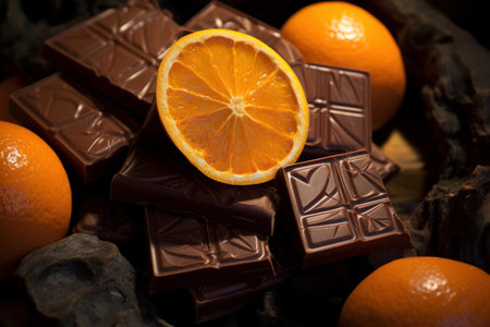 Artful arrangement of dark chocolate pieces with vibrant orange slicesの素材
