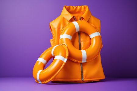 High-visibility life jacket with matching orange lifebuoy, isolated on a vibrant purple backdropの素材