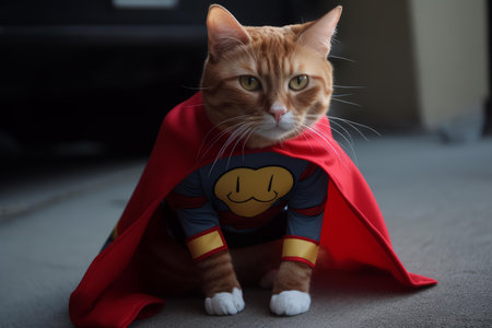 Courageous Super hero cat. Cute red pet. Generate AIの素材