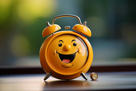 Cheerful orange alarm clock with a smiley face, standing on a wooden surface with a blurred backgroundの素材