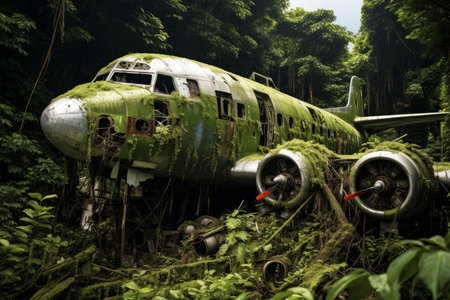 Wreckage of an old airplane covered by lush greenery in a dense forest settingの素材