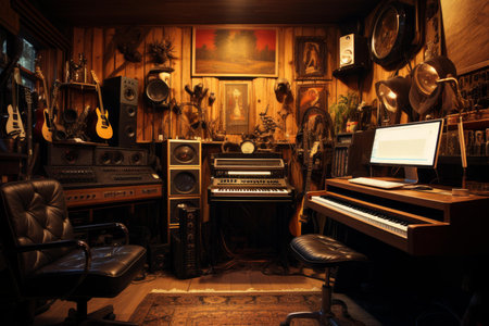 Cozy and eclectic home music studio filled with instruments and vintage equipmentの素材