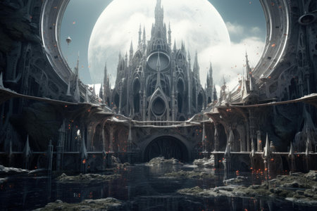 Captivating digital artwork of a fantasy castle with a giant moon backdrop in an ethereal landscapeの素材