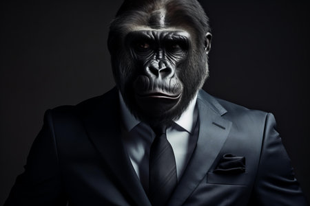 Conceptual portrait of a gorilla in a sharp suit, blending animal and corporate themesの素材