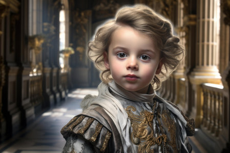 Portrait of a young child dressed in historical royal attire in a luxurious baroque palaceの素材