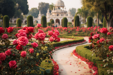 Serene sunset view of a rose garden pathway leading towards a historic monumentの素材