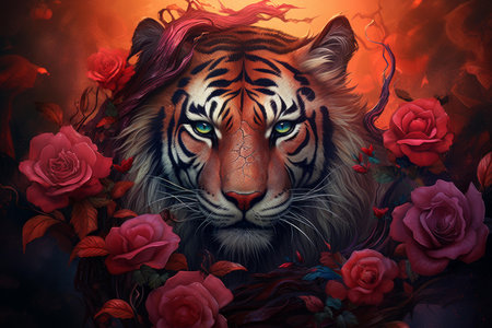 Vivid Tiger head roses art. Forest beauty. Generate AIの素材