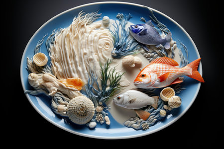 A creatively arranged plate with seafood elements and marine accents, perfect for culinary displayの素材