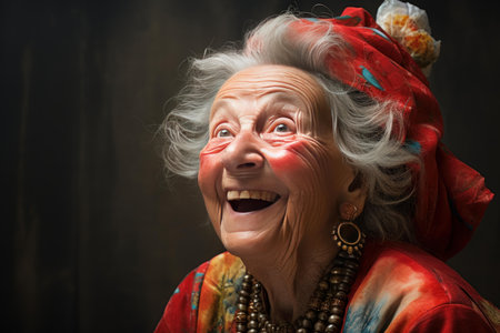 Elderly lady with a radiant smile dressed in colorful clothing, exuding happinessの素材
