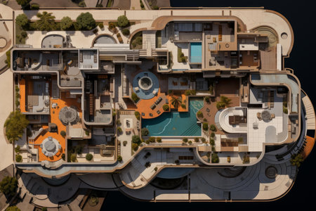 Top-down shot of a lavish resort with pools and well-designed architectureの素材