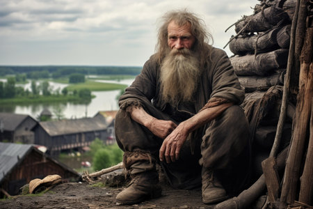 Weathered elderly man with a long Rustic beard. Sitting and contemplating outdoors in front of a traditional. Aged wooden structure in a serene. Rural village. Showcasing the wisdom. Authenticityの素材