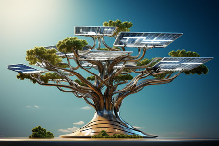 Artistic depiction of a tree with solar panels as leaves symbolizing renewable energyの素材