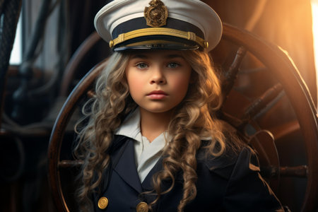 Portrait of a little girl with curly hair dressed as a ship captain, sternly posing at the helmの素材