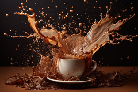 Vivid image capturing a moment of coffee with milk splashing out of a white cup on a dark backdropの素材