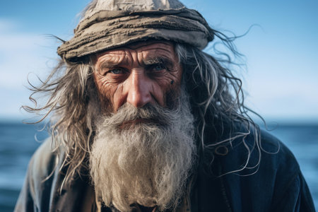 Close-up of an elderly seafarer with a white beard, gazing pensively at the camera, with the ocean in the backgroundの素材
