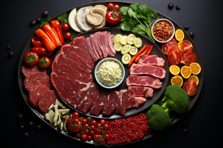 Elegant spread of sliced meats, fresh veggies, and herbs on a circular platter for entertainingの素材