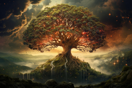 Majestic fantasy tree with glowing leaves in a surreal mountainous setting at duskの素材