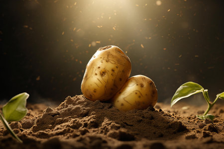 Organic potatoes and young plants in fertile earth dusted with sunlightの素材
