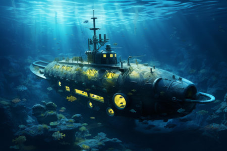 Azure-clad Submarine in blue water. Army metal steel. Generate AIの素材