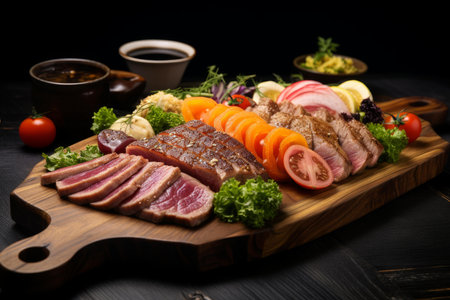 Selectable medium rare steak served with fresh vegetables and dipping sauces on a wooden boardの素材