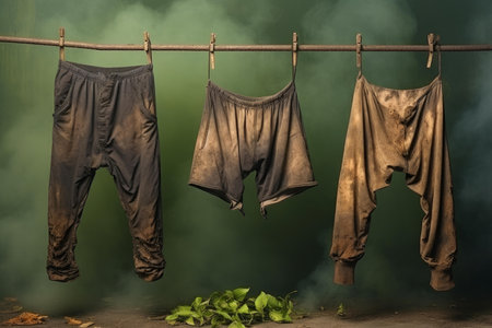 Three pieces of old-fashioned, soiled garments hang against a rustic, natural backdropの素材