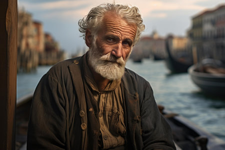 Portrait of a seasoned elderly man with a thoughtful expression beside a tranquil riverの素材